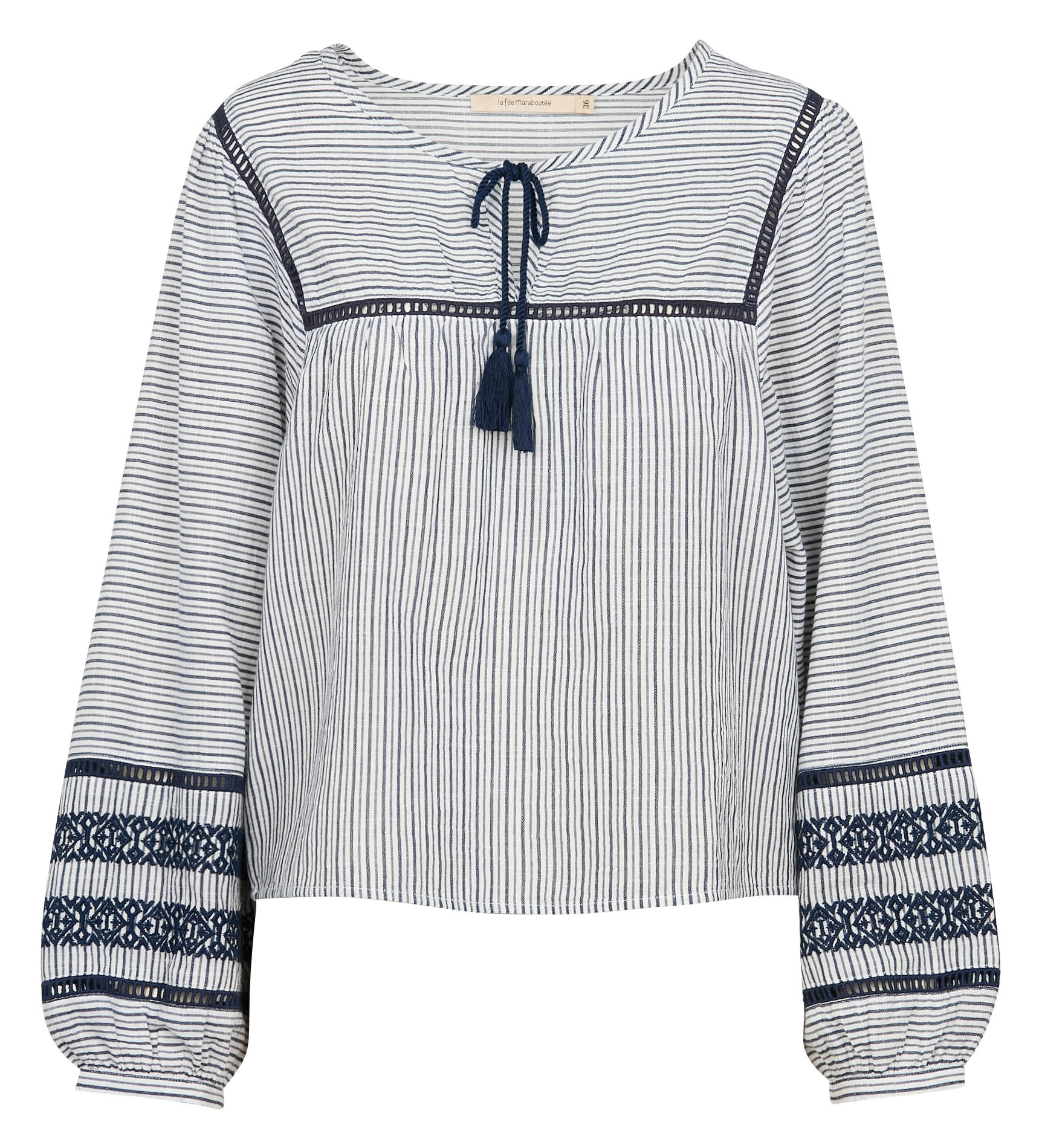 Top ample col tunisien en coton bio rayé | Bleu