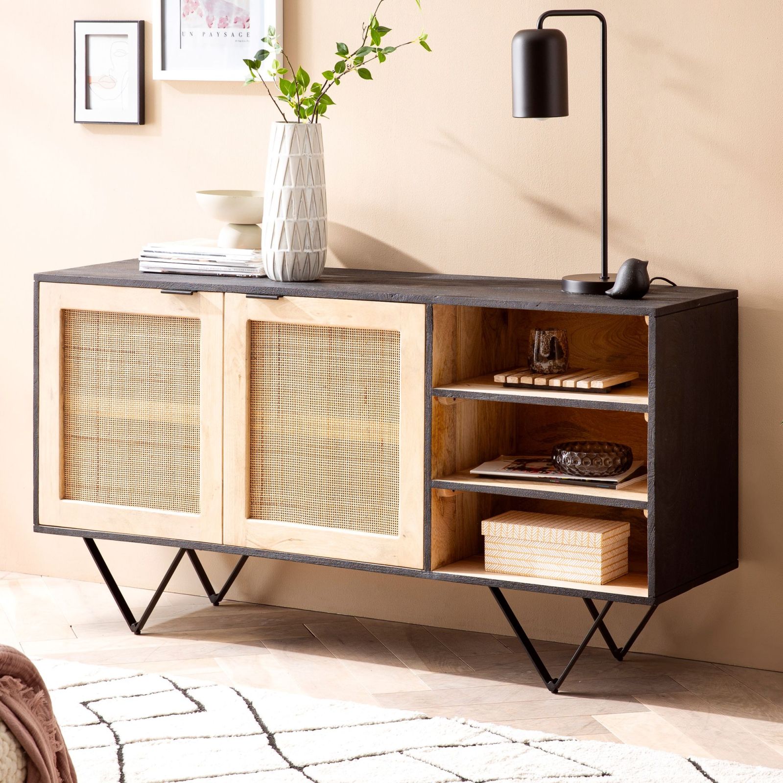 Sideboard - braun-schwarz - Massivholz - 2 Türen - 145 cm