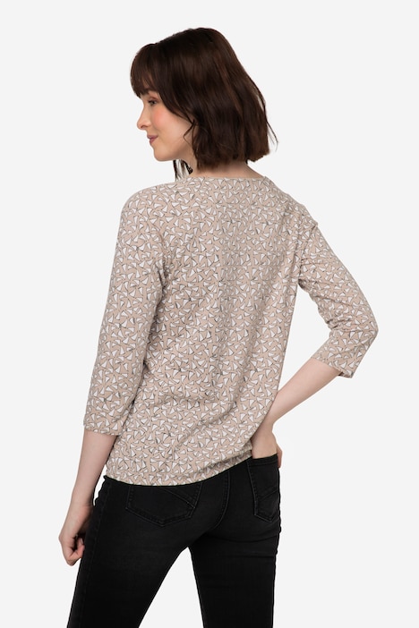 T-Shirt, Minimal Print, Rundhals,3/4-Ärmel, elastischer Saum