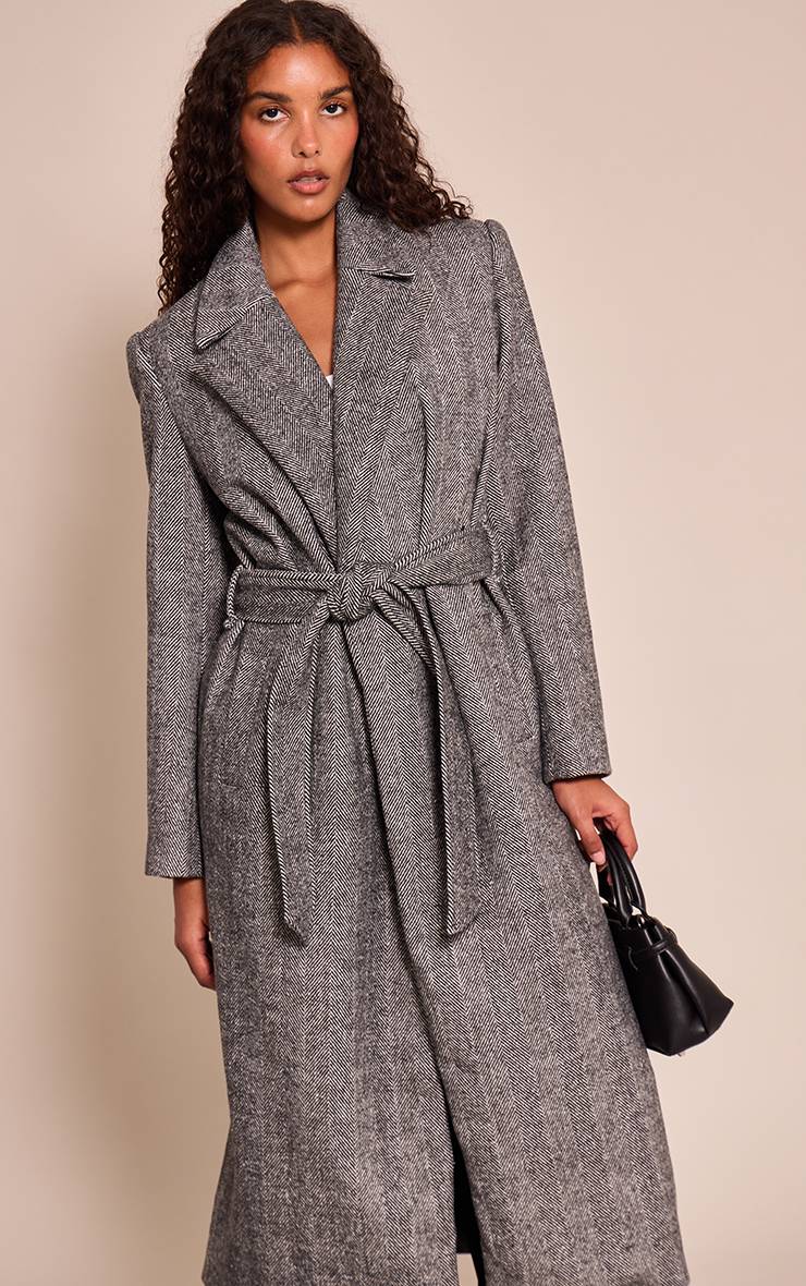 Gris Manteau Long À Chevrons Avec Ceinture À Nouer À La Taille