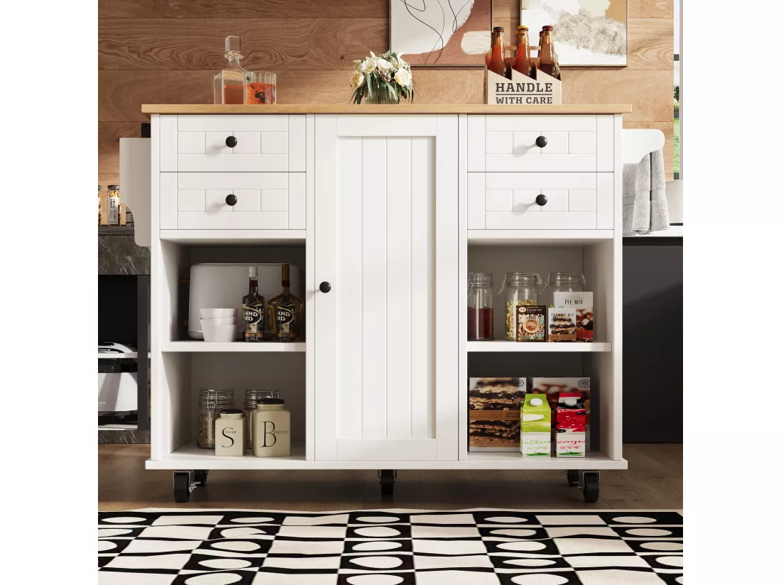 Ilot central de cuisine mobile avec 1 porte et 4 tiroirs - 111x46x91.5 cm - Bois MDF - Blanc et naturel
