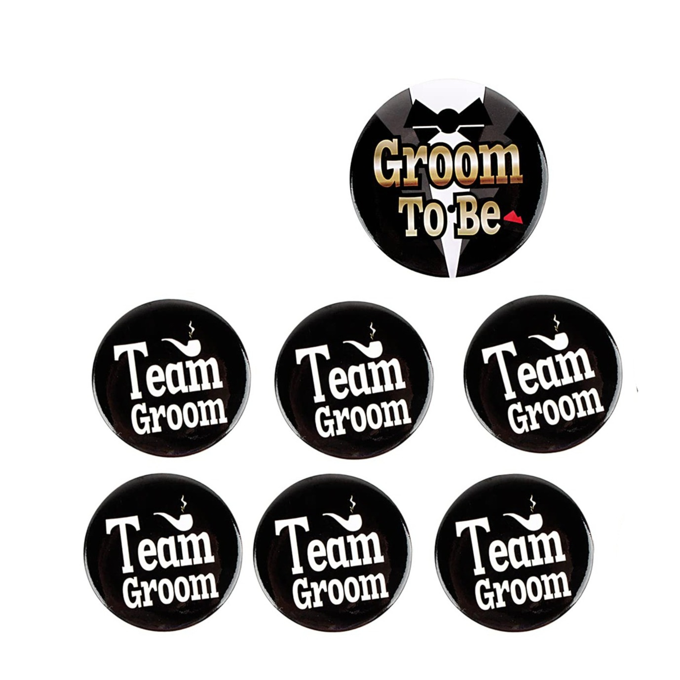 (7er Set) Deko Button Team Groom / Groom To Be Pin Accessoire Junggesellenabschied Brosche - Schwarz