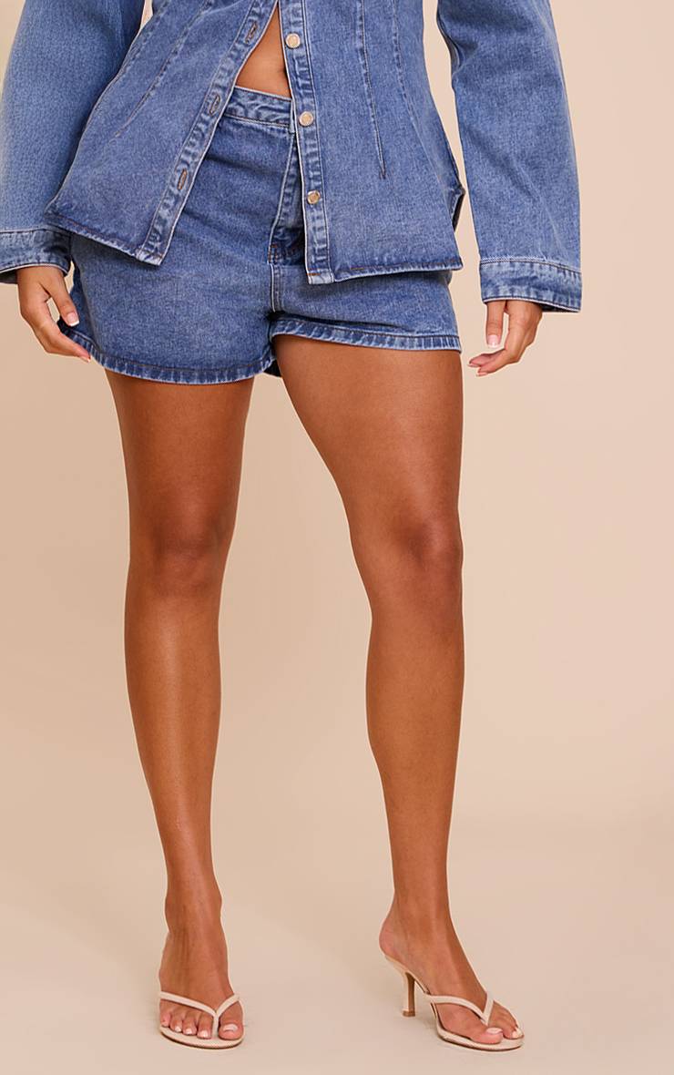 Mid Blue Wash Short En Jean Taille Mi-haute Grande Taille