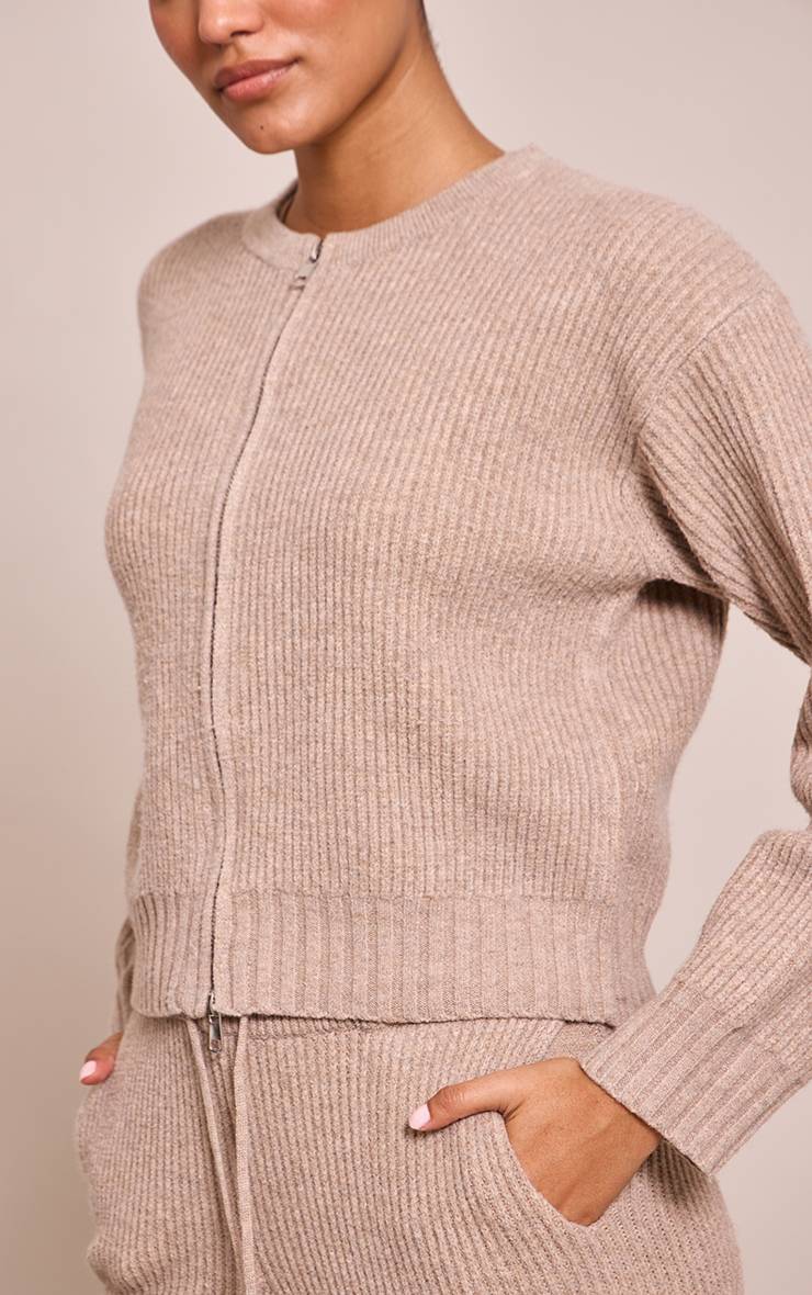 Taupe Cardigan Zippé En Maille Côtelée Brossée