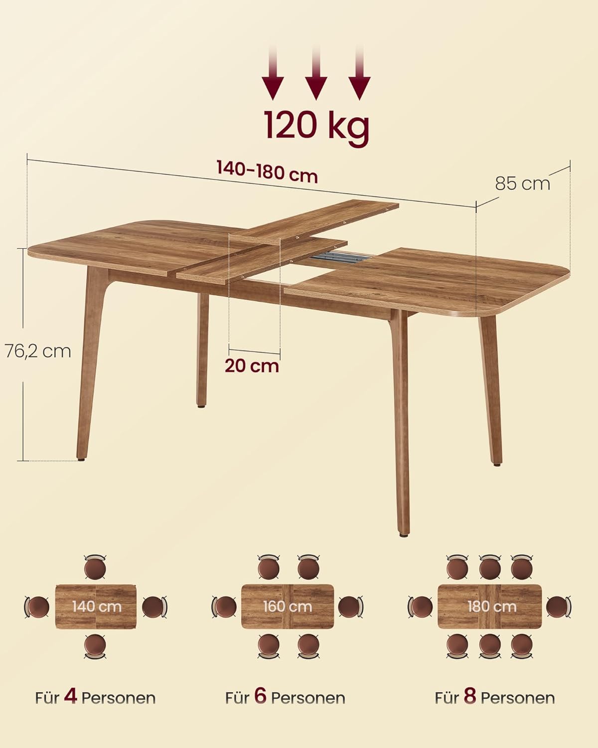 VASAGLE Esstisch, Esszimmertisch, Küchentisch, ausziehbare Tischplatte, 120 kg belastbar, für Esszimmer, Büro, Arbeitszimmer, Schlichtes Design, honigbraun KDT090K01