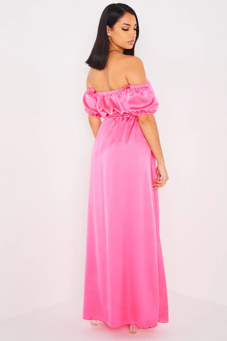 Robe fuchsia satinée à col bardot