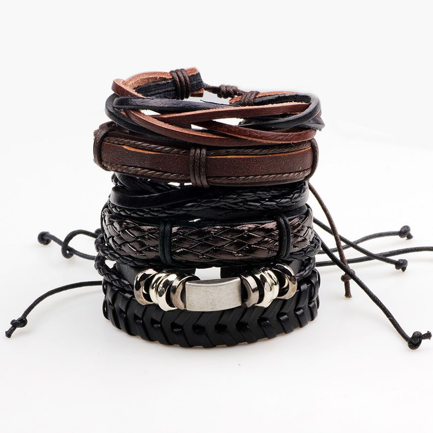 KINNO - Set van 6: Armband van imitatieleer met waxkoord (verschillende ontwerpen)