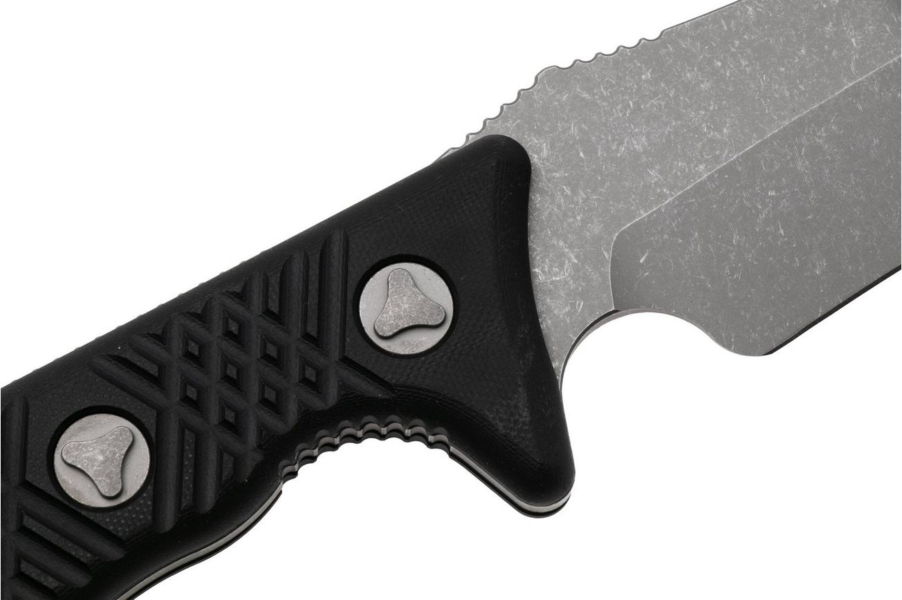 Microtech Arbiter 104-10AP, Apocalyptic Stonewashed M390, Milled Black G10, vaststaand mes, Adam Marfione design