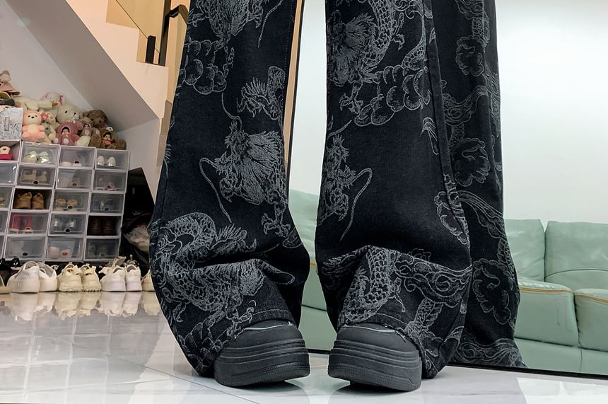 Porstina - Mid Waist Dragon Print Washed Wide Leg Jeans