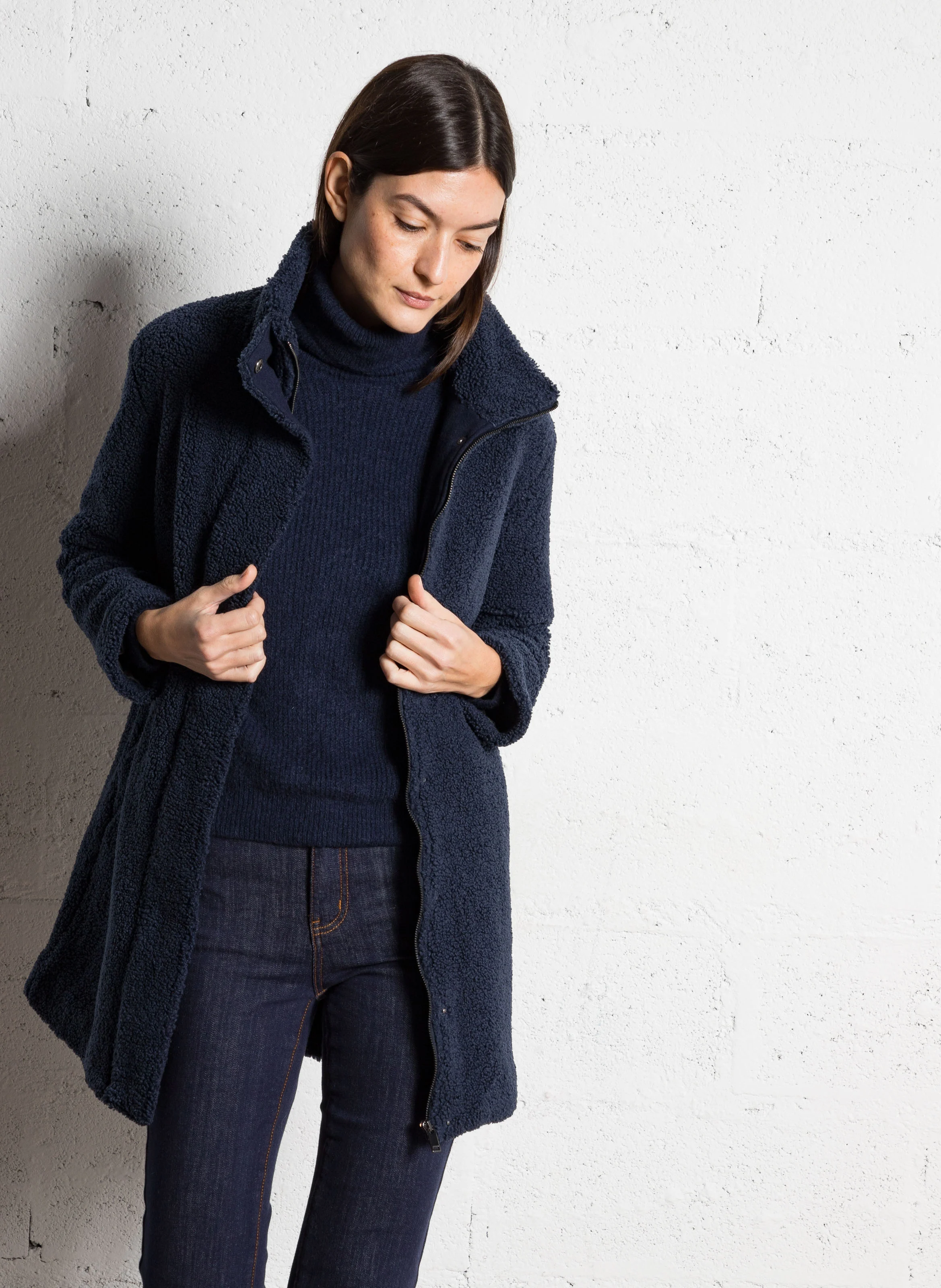 DIANA - Veste longue droite col montant | Bleu
