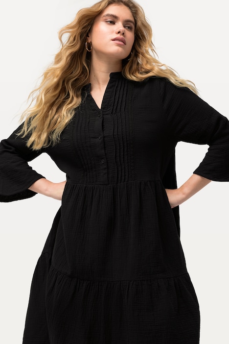Musselin-Kleid, A-Linie, Tunika-Ausschnitt, 3/4-Arm