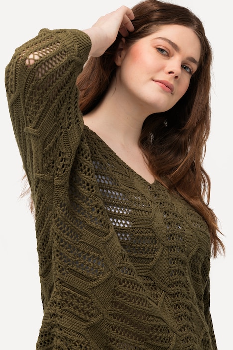 Pullover, Ajourmuster, V-Ausschnitt, 3/4-Arm, Biobaumwolle