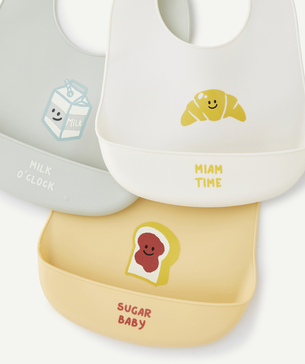 LOT DE 3 BAVOIRS BÉBÉ EN SILICONE RECYCLÉ THÈME PETIT-DÉJEUNER