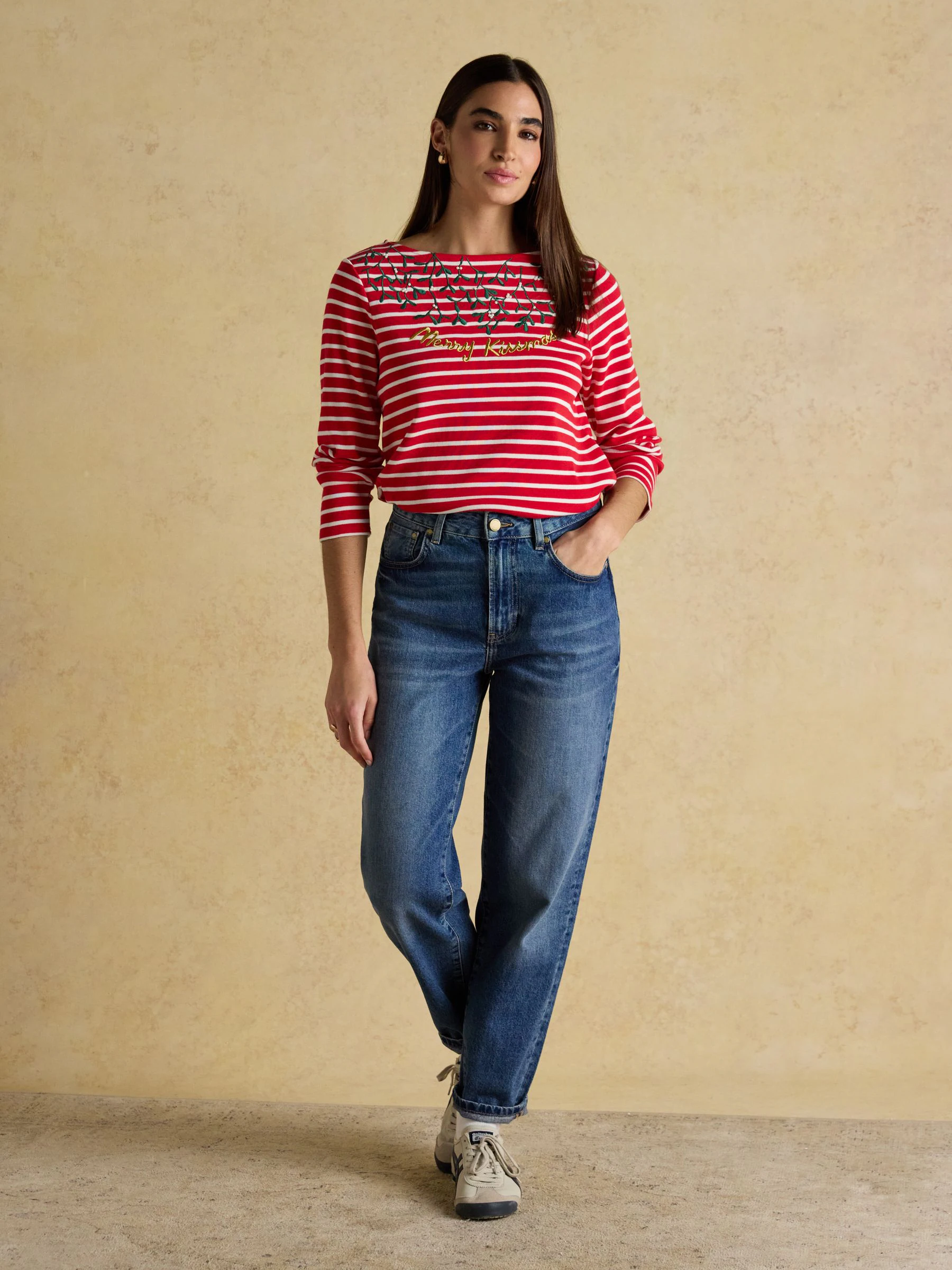 Merry Kissmas Red/Cream - Joules Christmas Harbour Boat Neck Breton Top