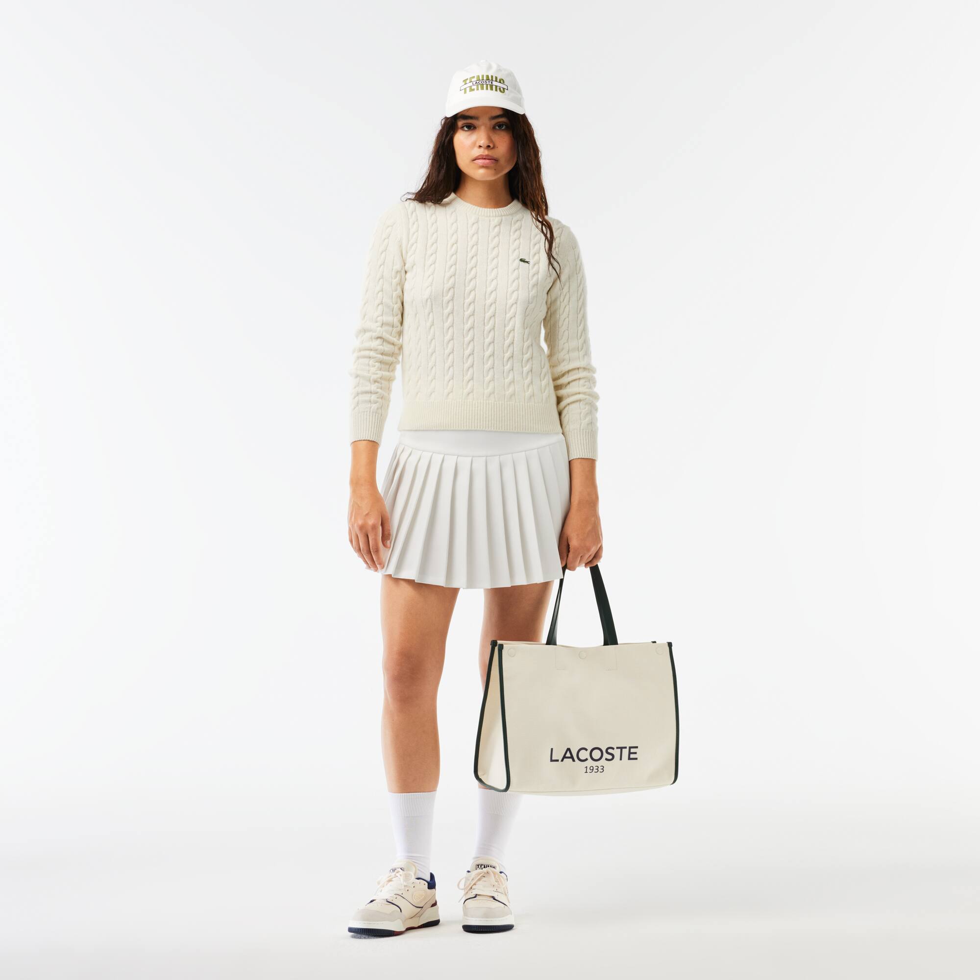 Pullover aus Baumwoll- Wollmischung mit Zopfmuster Pullover - Weiss - Lacoste - Damen