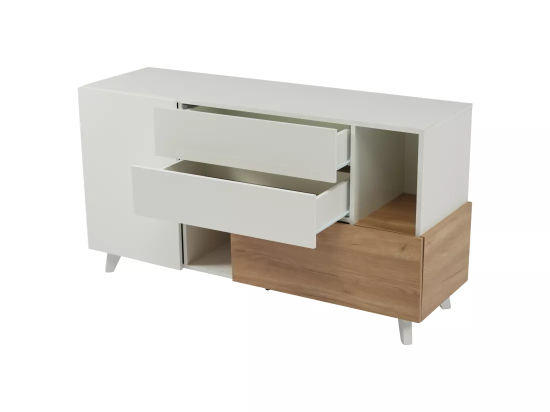 Buffet brillant 130x40x70cm - 2 portes - 2 tiroirs - avec compartiments de rangement - blanc