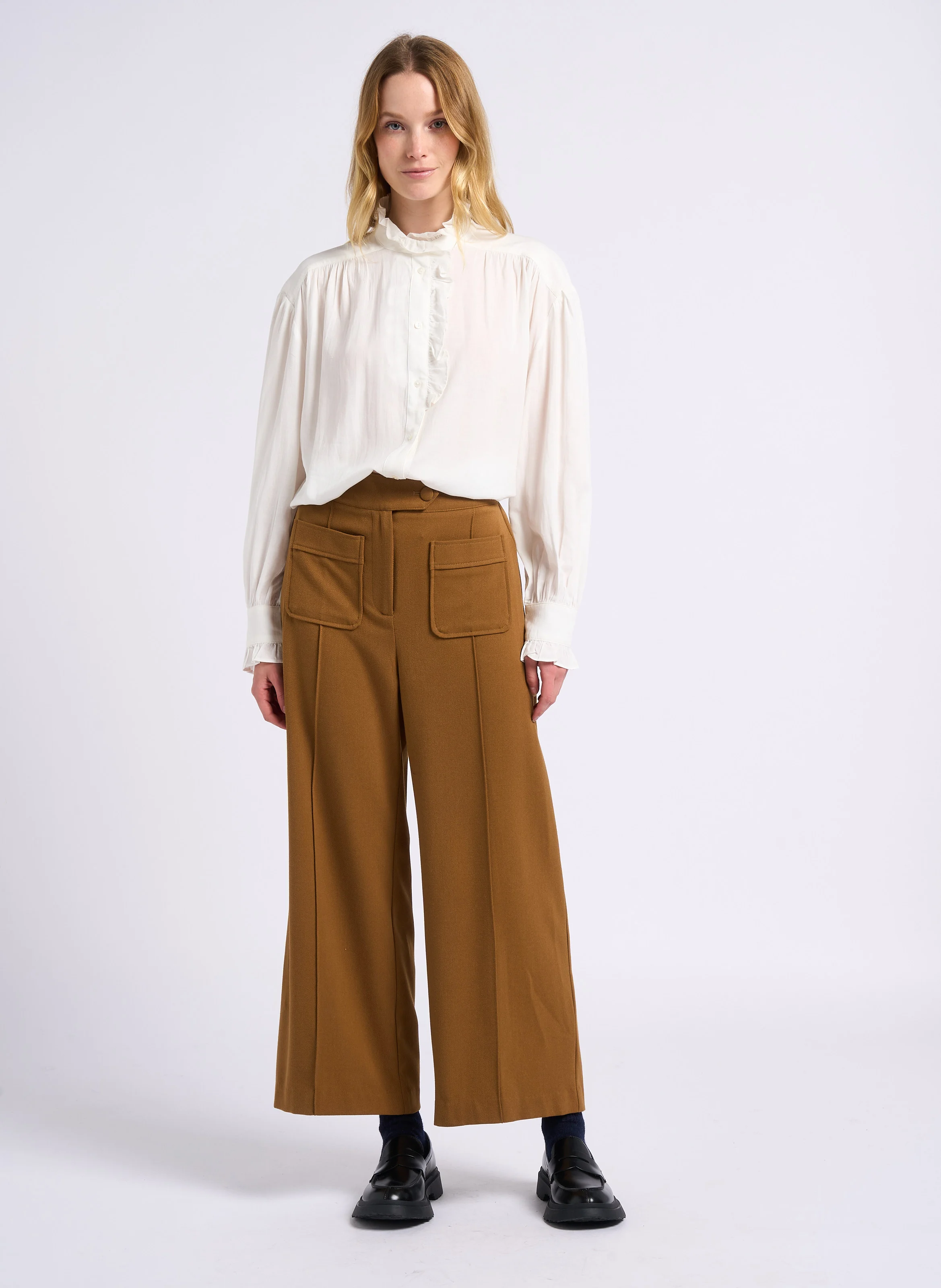 JERRY - Pantalon large taille haute | Marron