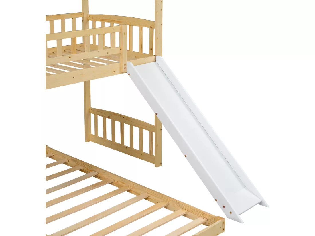 Lit superposé 2x90x200cm en bois massif - avec escalier de rangement et toboggan - sommiers à lattes - Naturel