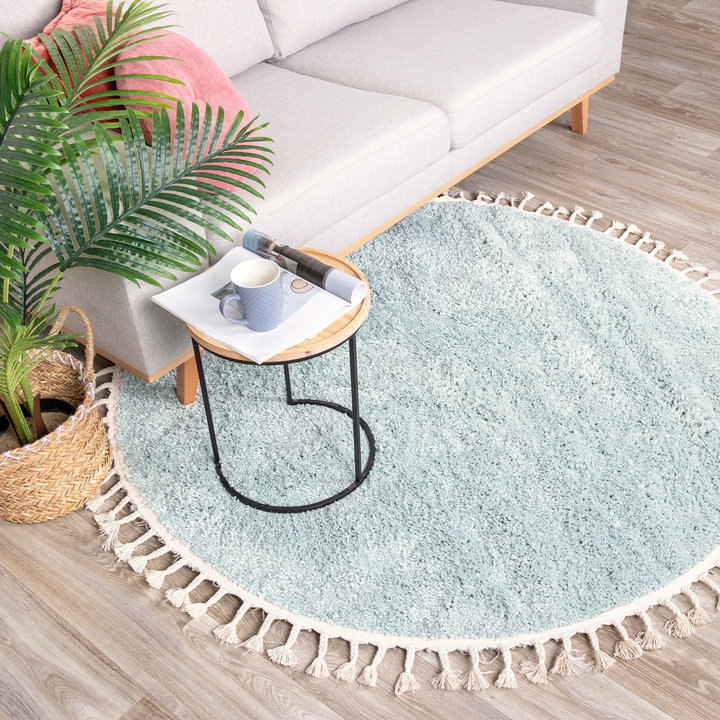 Rond hoogpolig vloerkleed - Lofty Fringe Lichtblauw