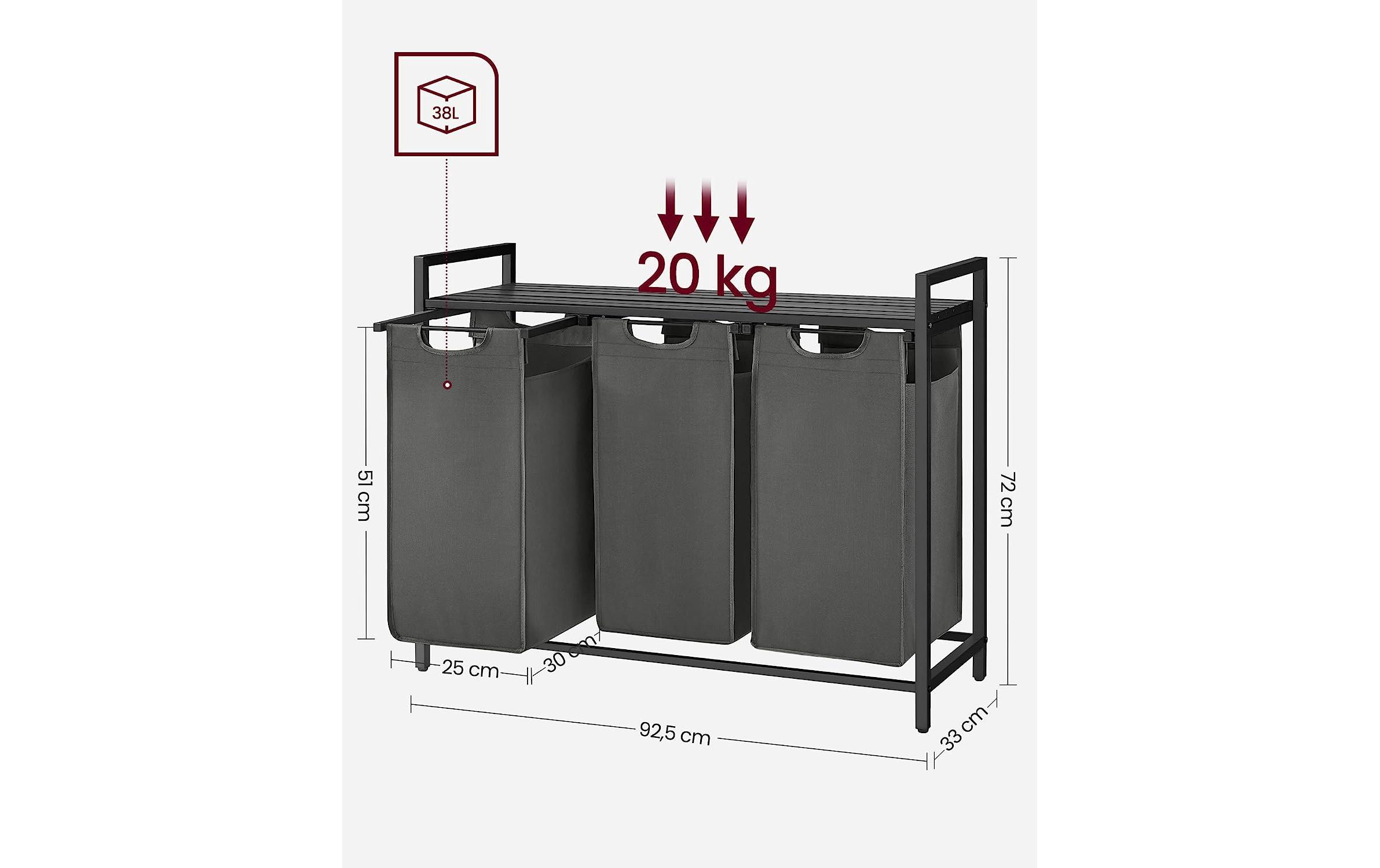 Wäschekorb mit Ablage 3 x 38 l, SchwarzWäschesammler