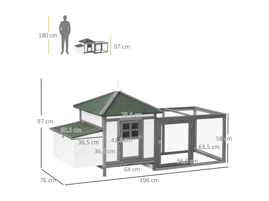 Poulailler cottage multi-équipement perchoir rampe pondoir enclos tiroir à déjection 196L x 76l x 97H cm bois massif pin gris blanc