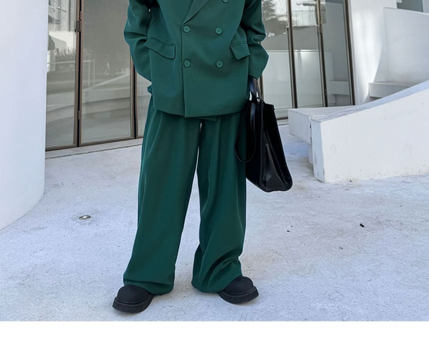 Omozando - Set: Effen dubbelrijs blazer + Hoge taille wijde broek