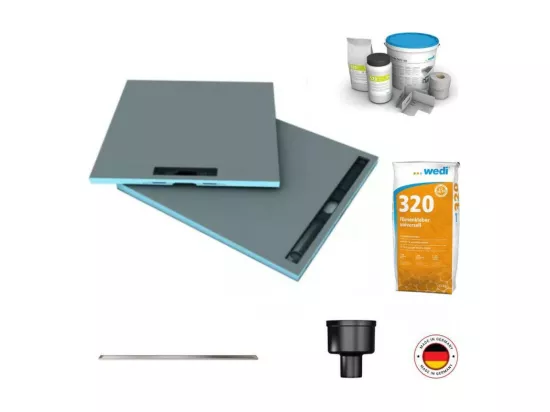 Receveur à carreler 140 x 90 cm Wedi Fundo Riolito Neo + barrette + bonde verticale + kit d'étanchéité et colle 320
