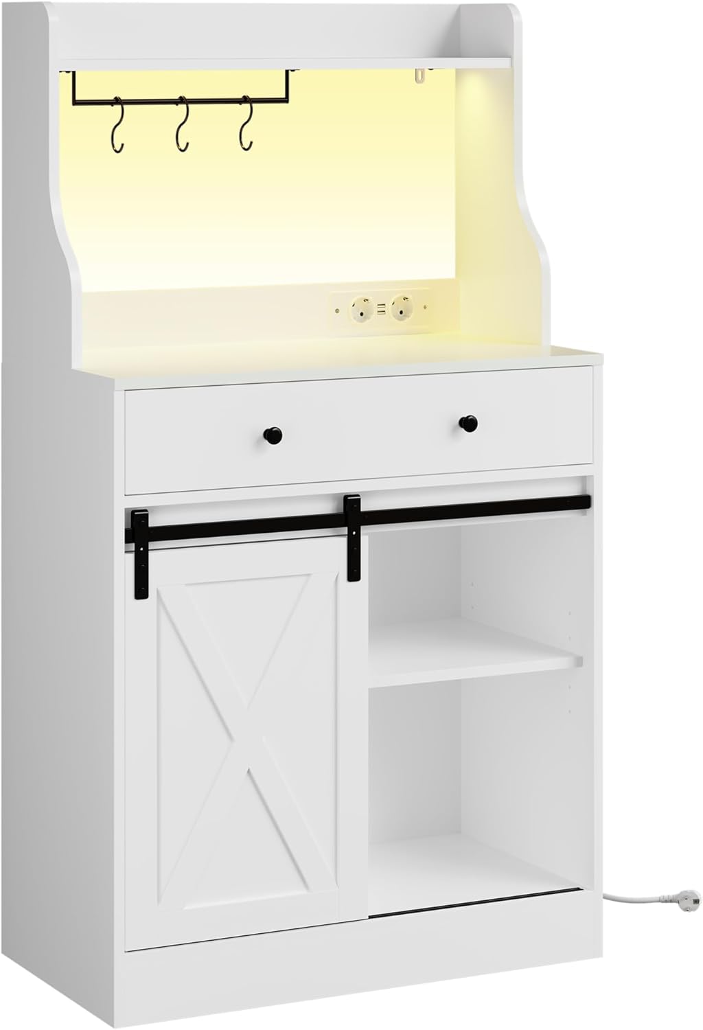 Küchenschrank, Sideboard mit LED, Steckdose, Große Schublade, Buffetschrank mit Arbeitsplatte, Verstellbaren Ablagen, 3 Hakens, Großer Stauraum, für Küche Wohnzimmer, Esszimmer, Weiß