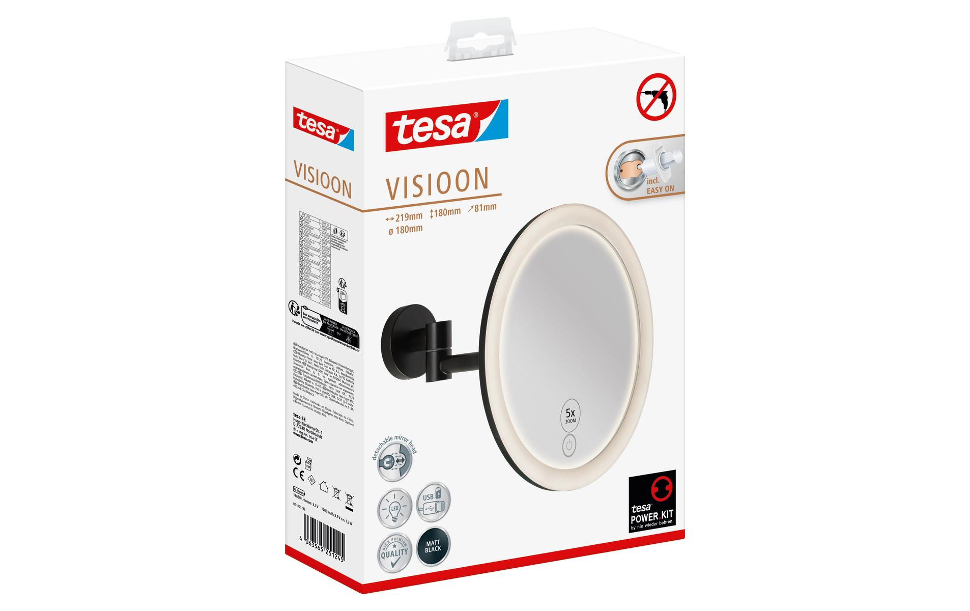 Kosmetikspiegel Visioon LED, Schwarz<br>Runder Vergrösserungsspiegel mit LED-Beleuchtung, fünffacher Vergrösserungsfunktion für Details