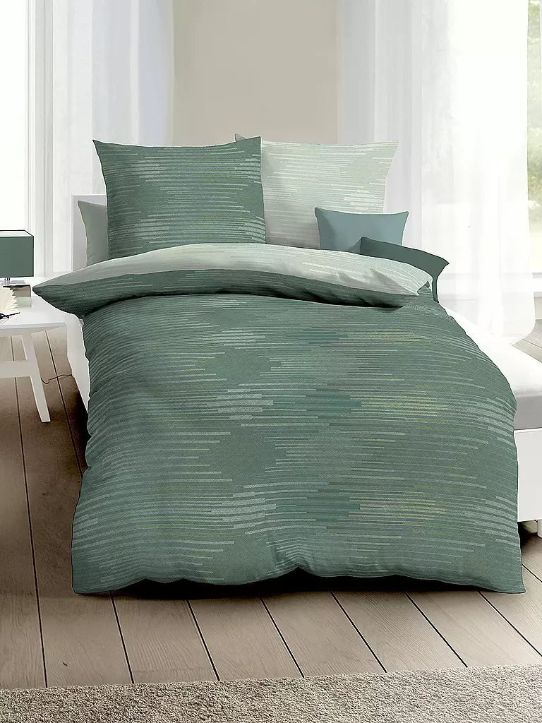 KAEPPEL Flanell Bettwäsche 70x90cm/140x200cm IKAT Jade  dunkelgrün