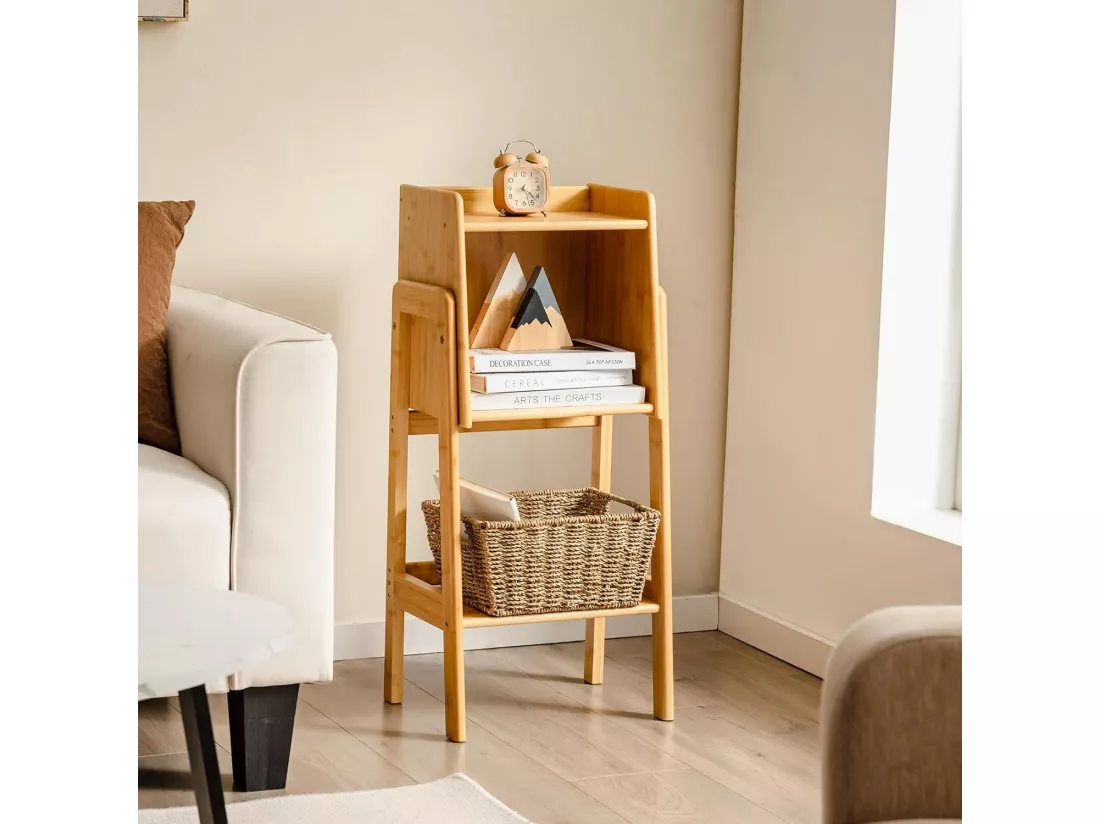 Bibliothèque Étagère Rangement en Bambou, Meuble Case Compartiment Cube, Pieds Bords Surélevés, Meuble Bibliothèque pour Petit Espace, Chambre, Salon, Cuisine (Jaune, 80 CM)