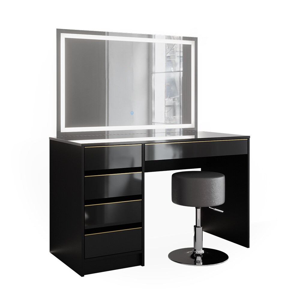Vicco Schminktisch Sherry Schwarz Hochglanz Gold 120 x 75 cm 5 Schubladen LED-Spiegel Hocker