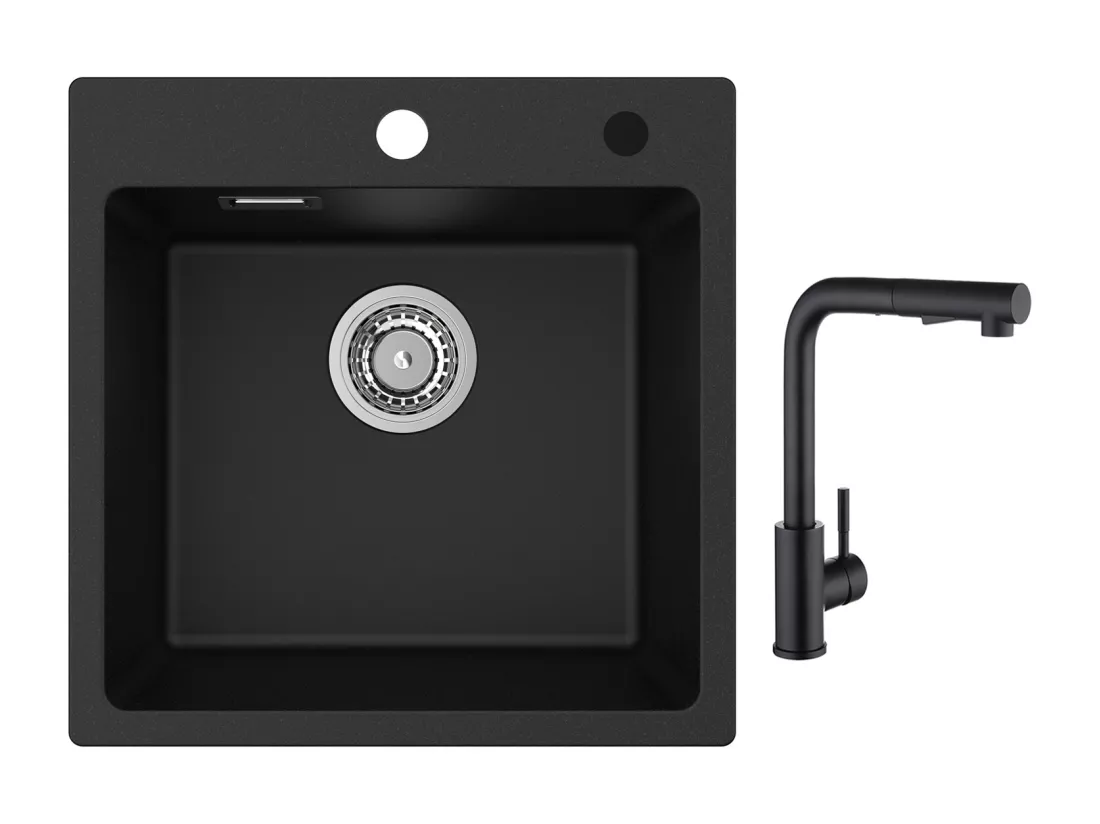 Cecipa max 45x45cm Evier Quartz Noir Evier 1 Bac en Quartz et Résine + Noir Mitigeur Cuisine avec Douchette Extractible 2 Modes de pulvérisat