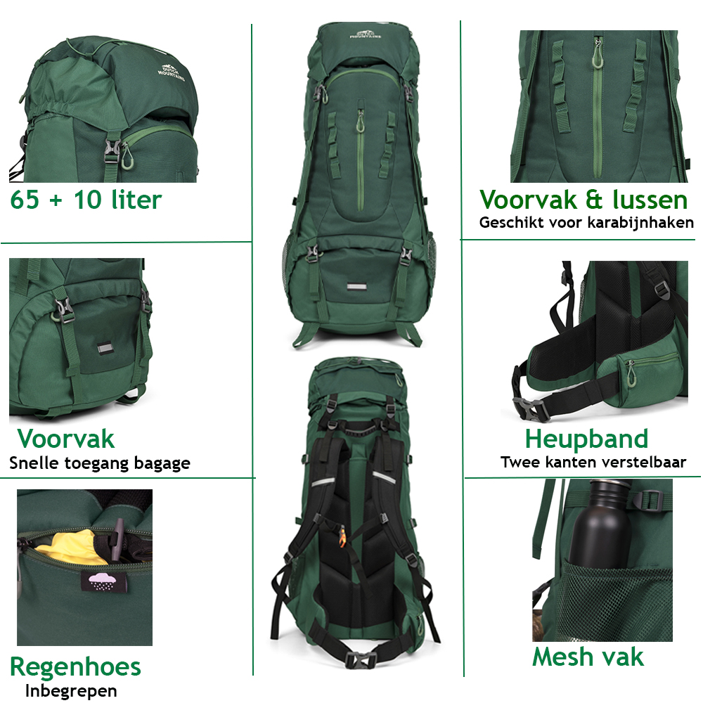 Dutch Mountains 65-75 liter backpack met regenhoes - Green