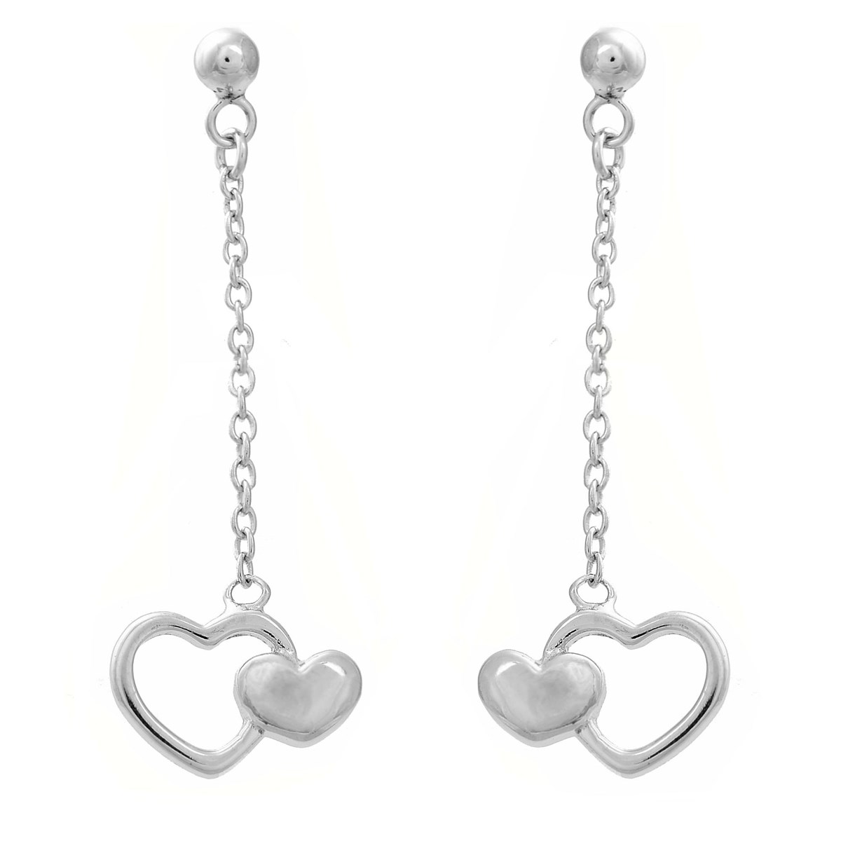 Boucles d'oreilles 2 coeurs chaînettes pendantes Argent 925 Rhodié