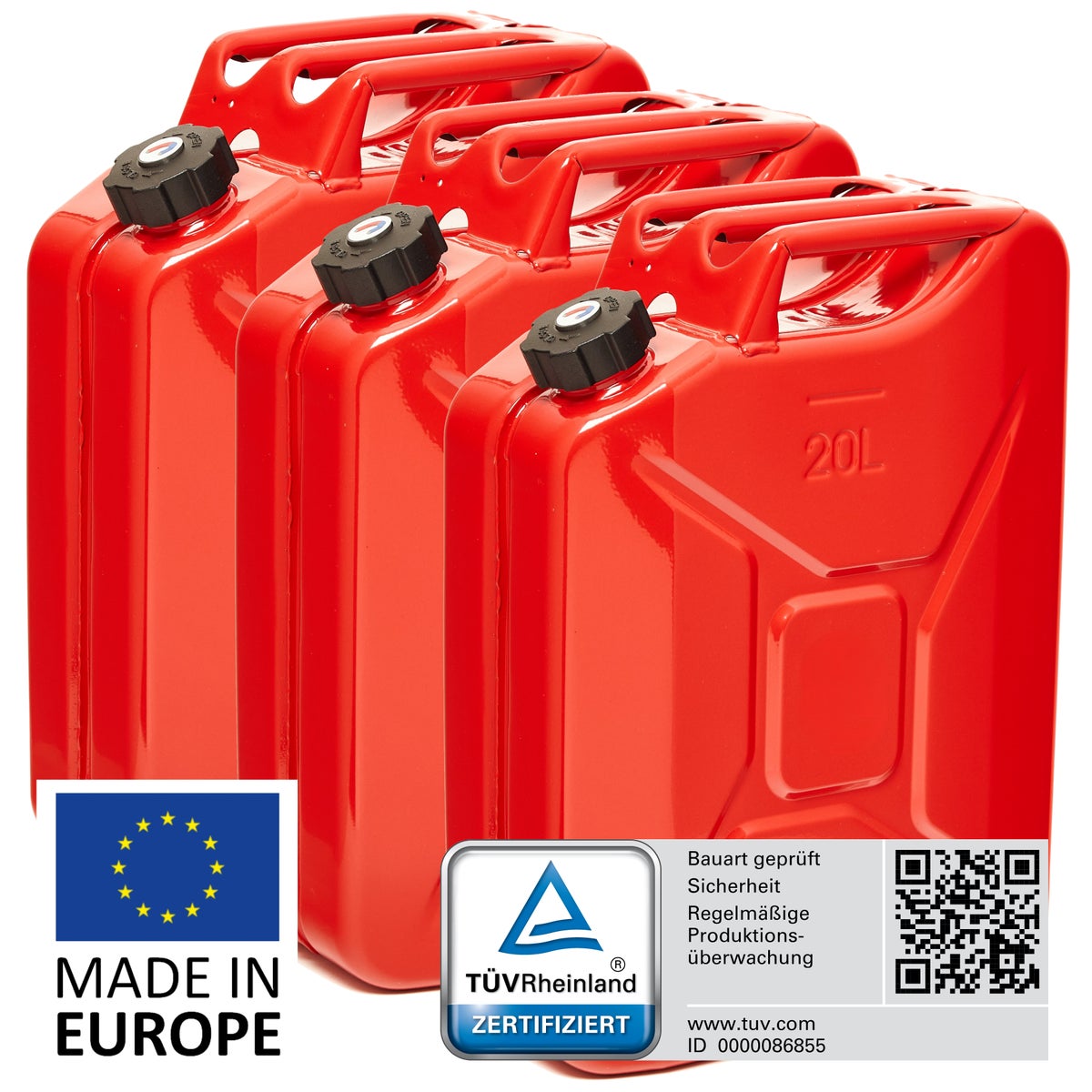 BW Metalen Brandstofbussen, Benzineblikken, 3 x 20 Liter met Schroefdop - Rood - RAL 3000 - TÜV-getest en UN-goedgekeurd - Gemaakt in Europa