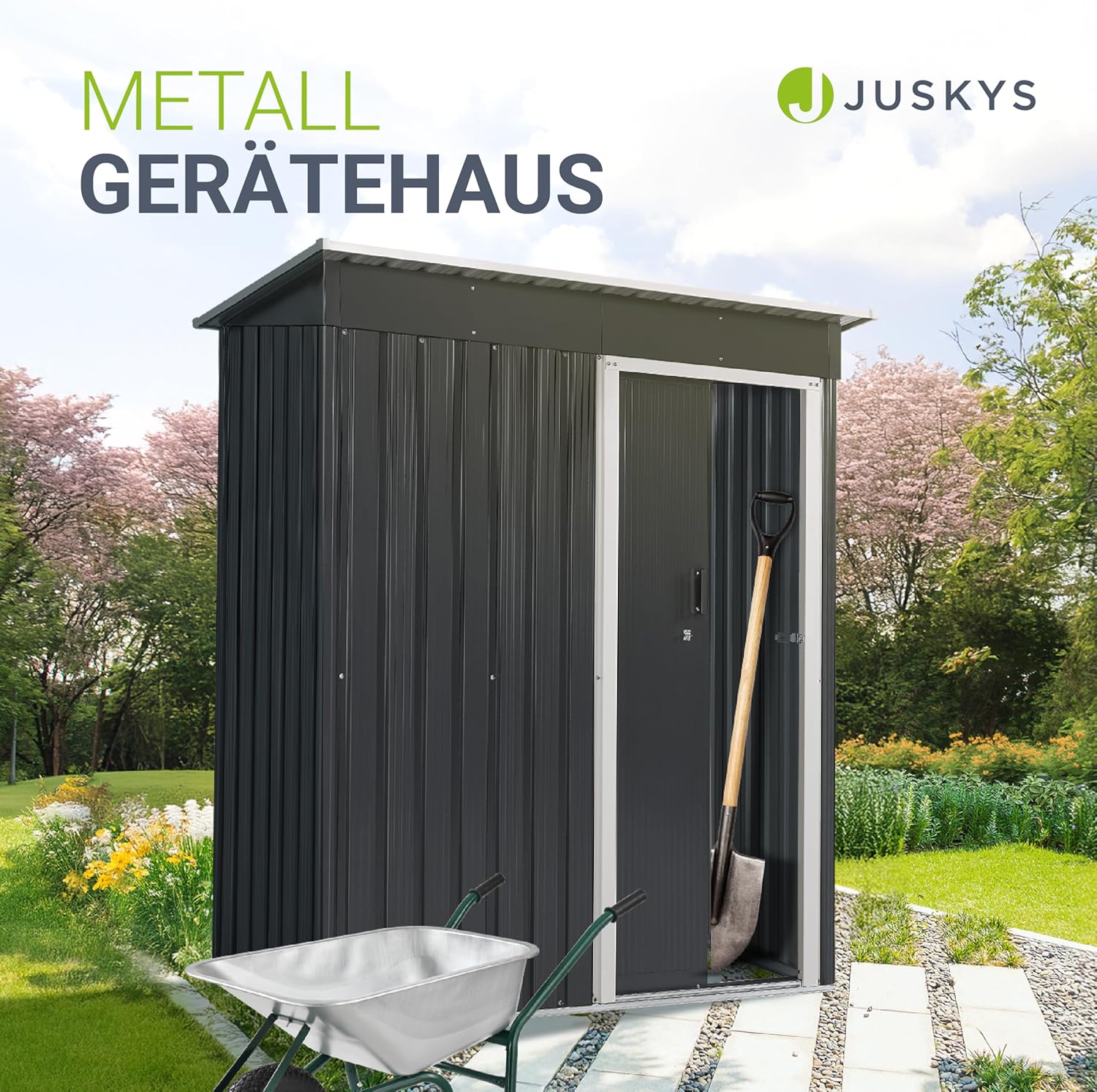 Juskys Metall Gerätehaus S mit 1 m², Pultdach, Schiebetür & Fundamentrahmen - 161 x 86 x 181 cm Geräteschuppen Gartenhaus Schuppen klein - Anthrazit