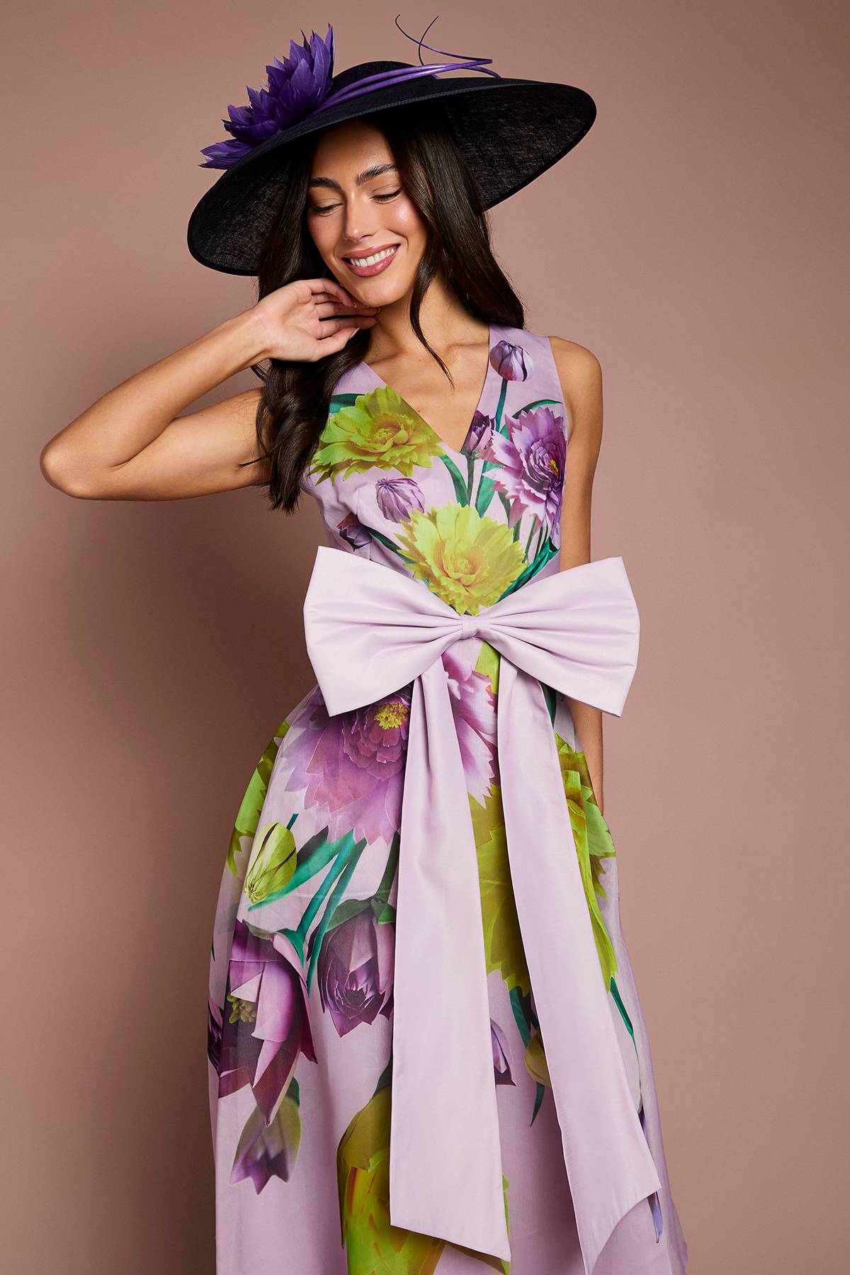 Coast Robe Midi Florale Lisa À Nœud Frontal Beige