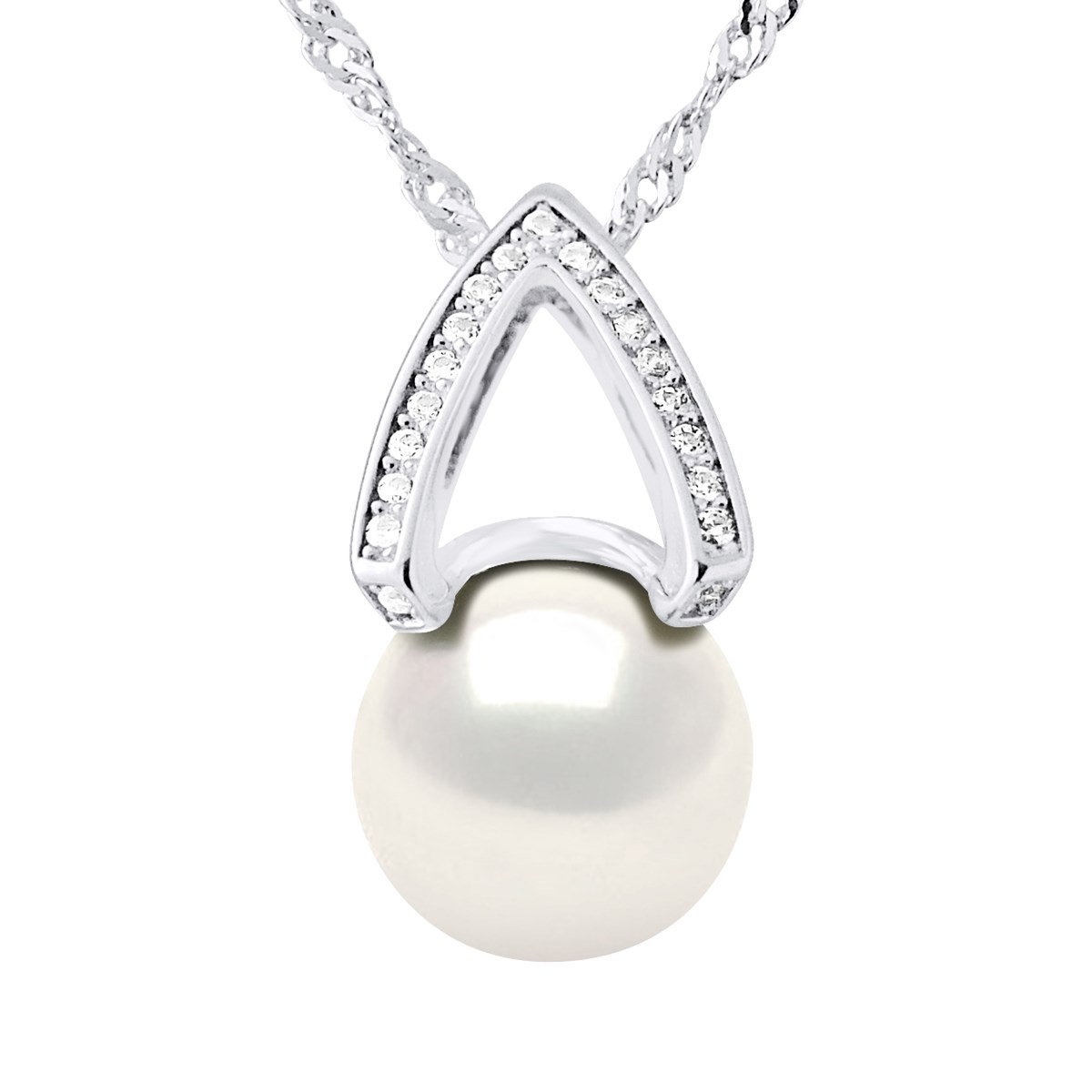 Collier en V - Perle blanche 10 mm - Oxydes de zirconium - Argent 925
