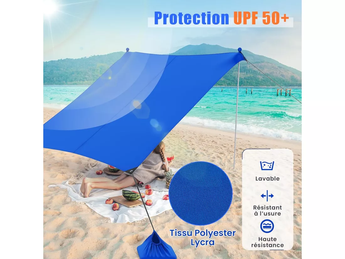 Tente de Plage Portable 3 x 3 M Anti UV UPF50+, Abris Solaire de Plage avec 4 Sacs pour Sable Piquets de Sol 2 Poteaux Sac de Transport, Idéal pour Plage Camping Pêche (Bleu)