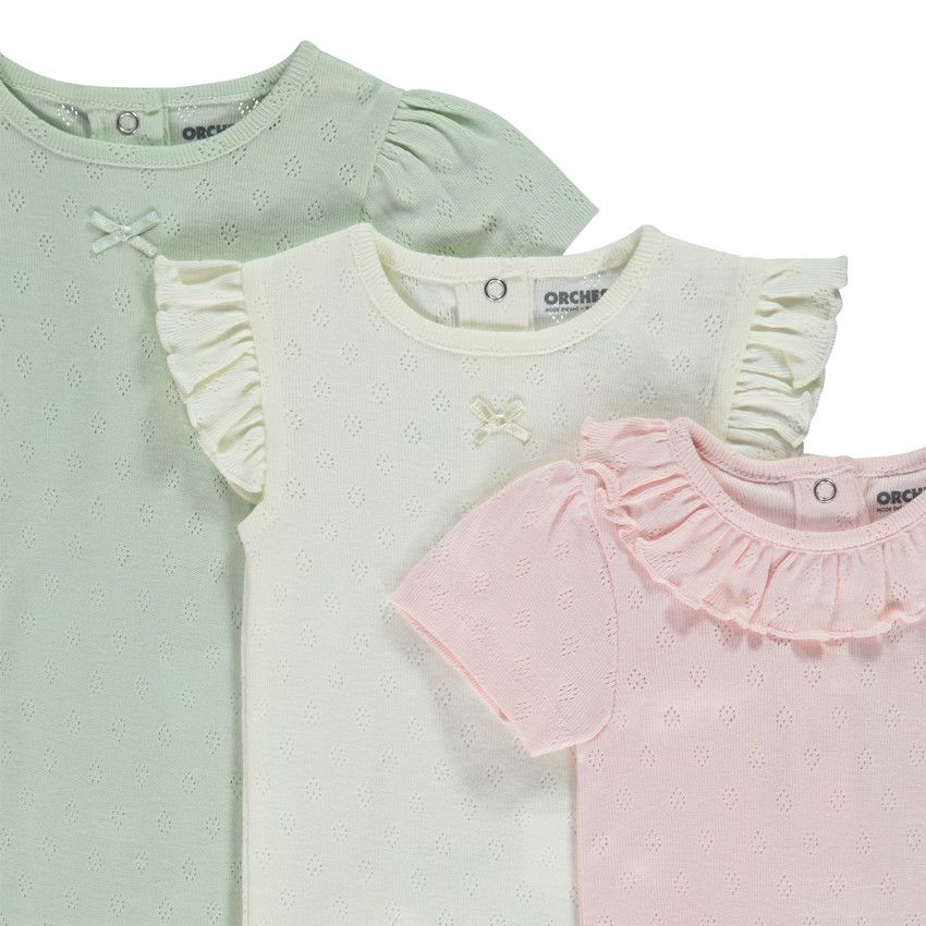 Lot de 3 bodies manches courtes en maille pointel pour bébé fille - Ecru