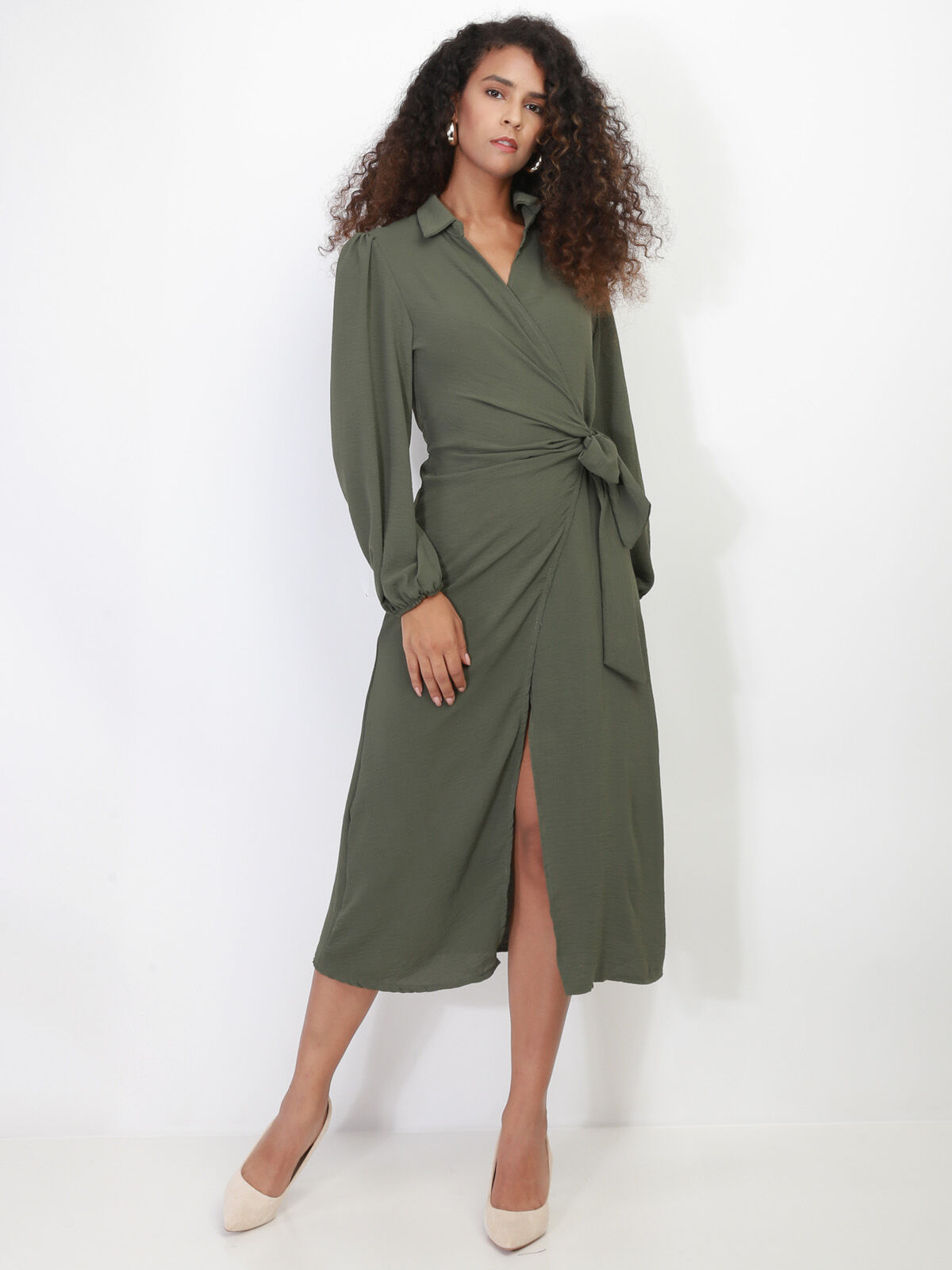 Robe cache-coeur longue à nouer- Kaki