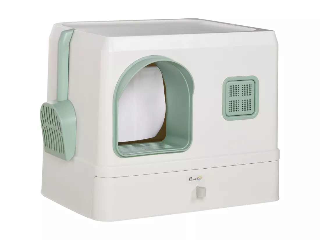 Maison de toilette chat design maisonnette - pelle, 2 désodorisants, plateau coulissant intégrés - blanc vert