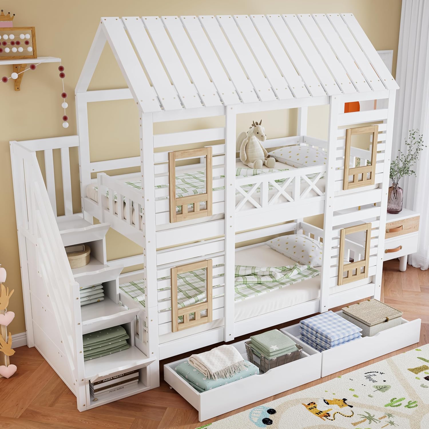 Kinderbett Etagenbett 90 x 200, Hausbett für 2 Kinder, Hochbett mit Lattenrost, Treppe mit 4 Ablagefächern, Rausfallschutz, Zwei Schubladen mit Rollen, Baumhaus Bett mit Fenster und Dach