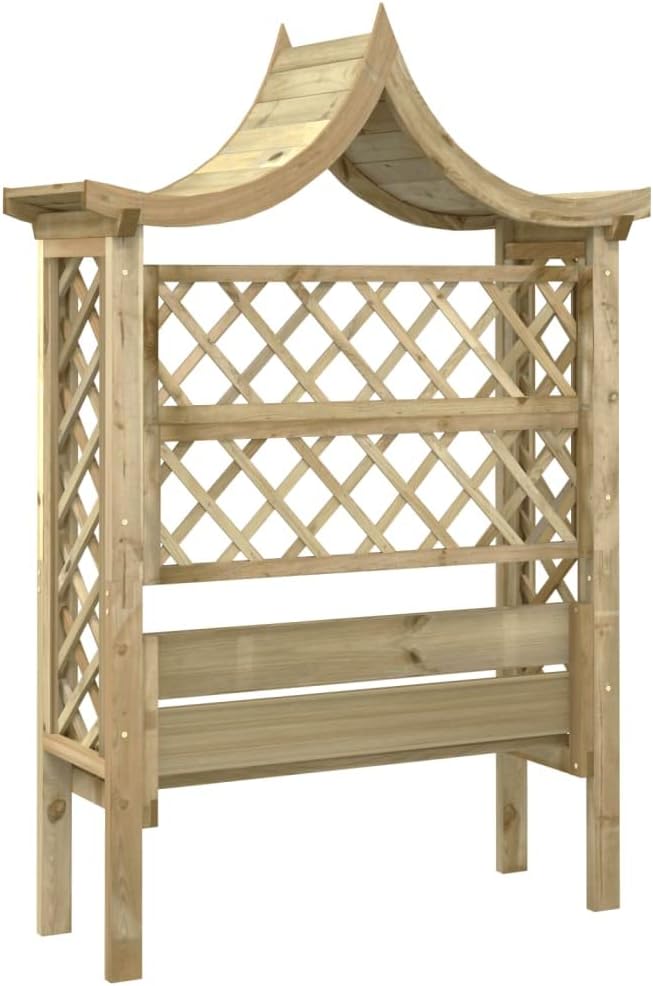 Gartenpergola aus Holz mit Dach und Bank, Gartenbank mit Pergola Sitzbank Bank Rankhilfe Rosenbogen, Gartenpavillon, 146 x 55 x 220 cm