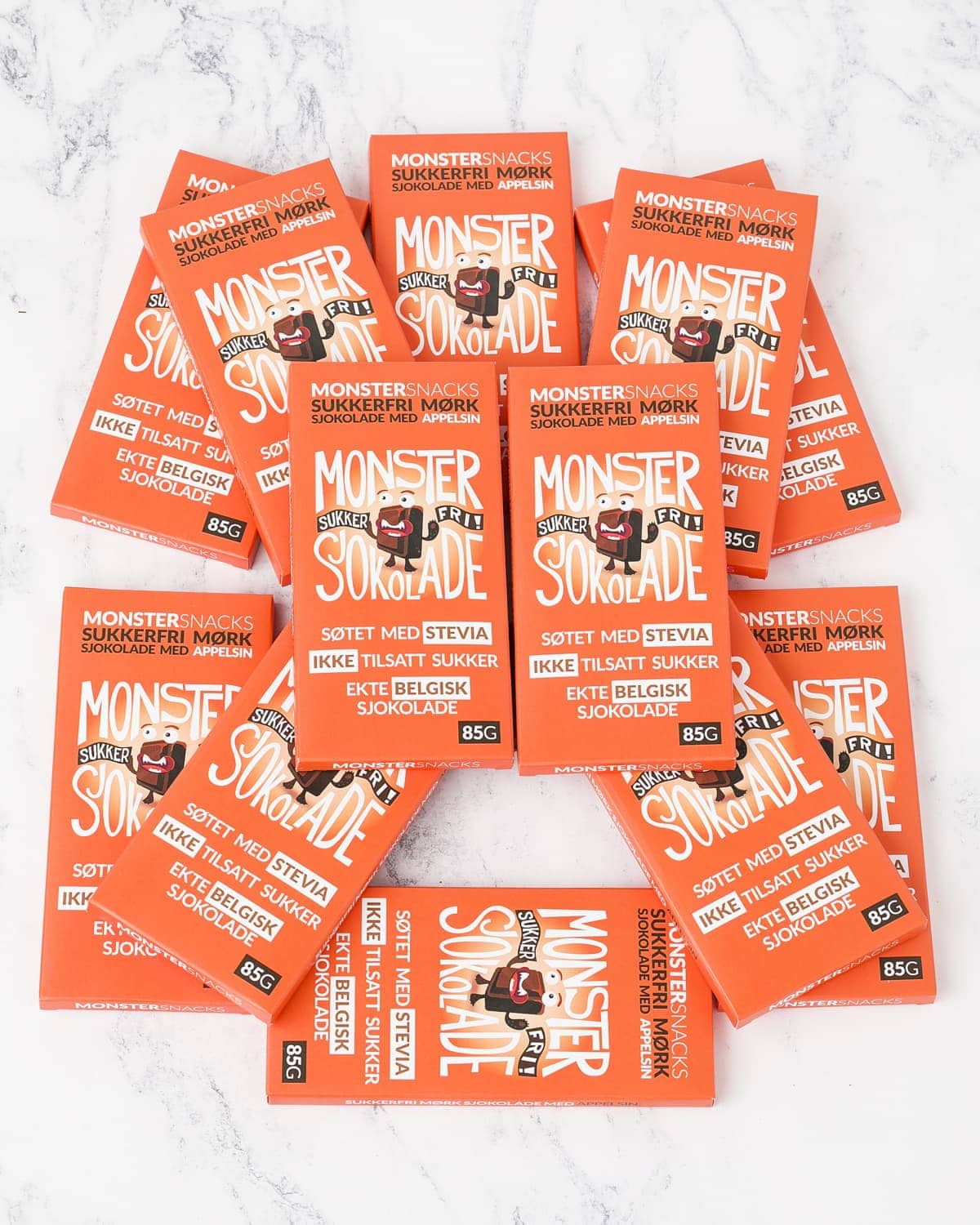 Monster Sukkerfri Belgisk Stevia Mørk Sjokolade &amp; Appelsin 12x85g - PAKKETILBUD