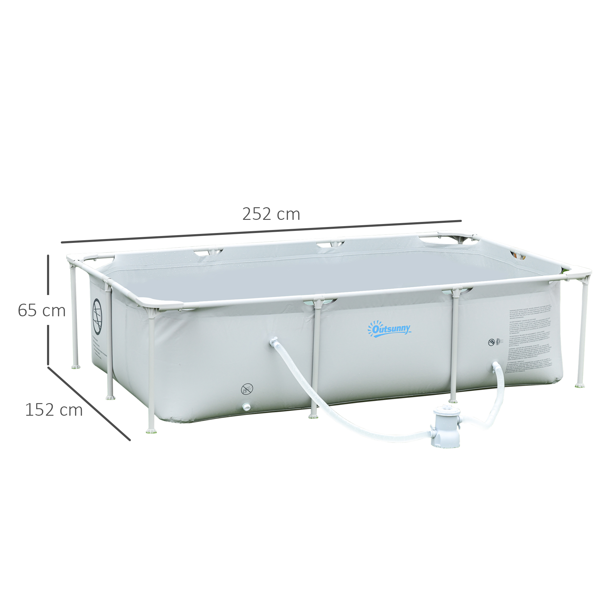 Piscina tubular Outsunny de 252x152x65 cm com bomba de filtro de cartucho de 1200L/H, piscina retangular para exterior para adultos e crianças, 2163L, cinza.