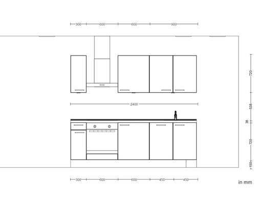Nobilia Elements keukenblok met apparatuur Urban 240 cm alpinewit mat voorgemonteerde variant links 4004539036994