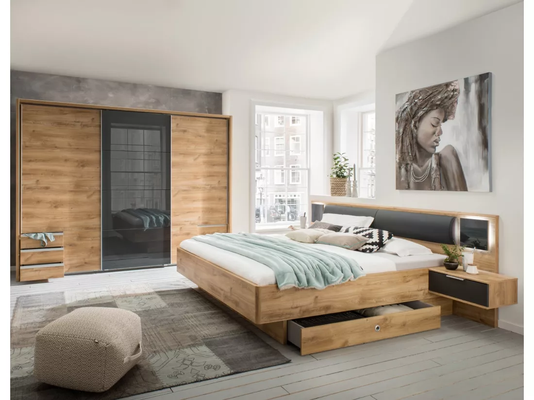 Ensemble chambre adulte complète Imitation chêne poutre - 180 x 200 cm