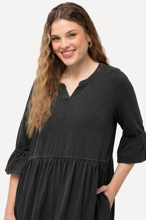 Jerseykleid, Volants, A-Linie, Tunika-Ausschnitt, 3/4-Arm